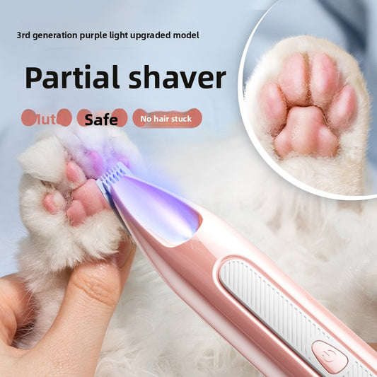 Pet grooming tool with purple light on a paw, labeled as a 'Partial shaver' with safety features.